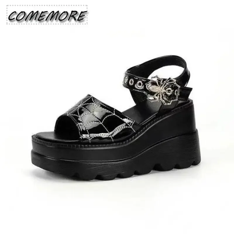 Summer New Large Size Women\'s Thick Sole Sandals Gothic Punk Design Ladies Shoes Roman Sandals Wedge Heels Fashion 2024 Black PU