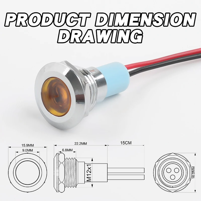 ضوء مؤشر معدني LED عالي السطوع 12 مم مع سلك - جهد متعدد (5 فولت/24 فولت/220 فولت) و5 ألوان (أحمر/أخضر/أصفر/أزرق/أبيض)