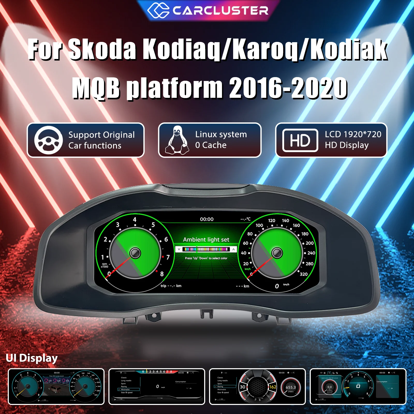 Carcluster 12,3'' LCD Digitales Armaturenbrett für Skoda Kodiaq Karoq Kodiak MQB Plattform 2016-2020 mit HDMI Carplay Radio Unterstützung Instrumententafel Cockpit