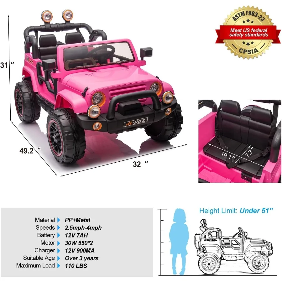 ركوب بمقعدين على شاحنة وغطاء سيارة 12V7AH سيارة كهربائية مع جهاز تحكم عن بعد للأبوية موسيقى بلوتوث LED أضواء زنبركية معلقة #6