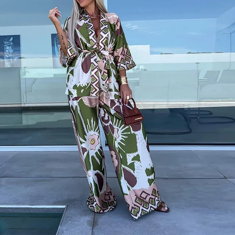 Autumn Women Quarter-Sleeved Cardigan Shirt Outfit Fashion Casual Bohemia Print Loose Beach Set Spring Wide Leg Long Pants Suits