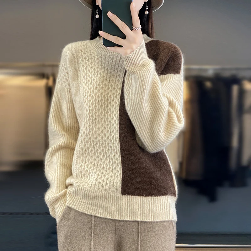 

Autumn and Winter New 100% Wool Cashmere Sweater Women's O-Neck Contrast Color Pullover Loose and Versatile Fashion Women's Top