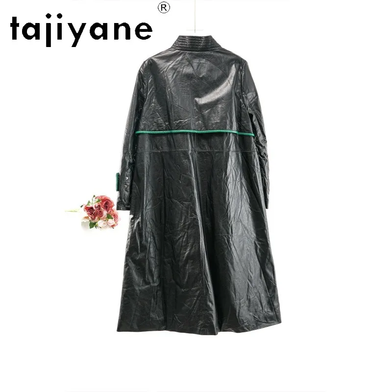 TAJIYANE 100% Top Layer Cowhide Real Leather Jacket Woman Green Piping Puffer Jacket for Woman Long Leather Overcoat 108cm 가죽자켓