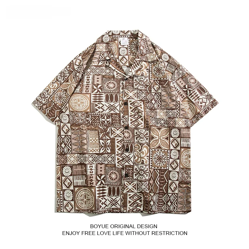 

Мужская рубашка BOYUE с принтом, в этническом стиле, винтажная, креативная, свободного кроя, летняя, повседневная, с кубинским воротником, молодежная мода