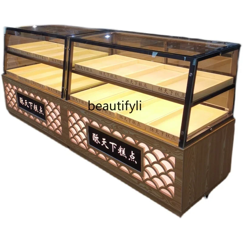 

Pastry, peach cake cabinet, bread side cabinet, back door, solid wood curved display corner glass cabinet