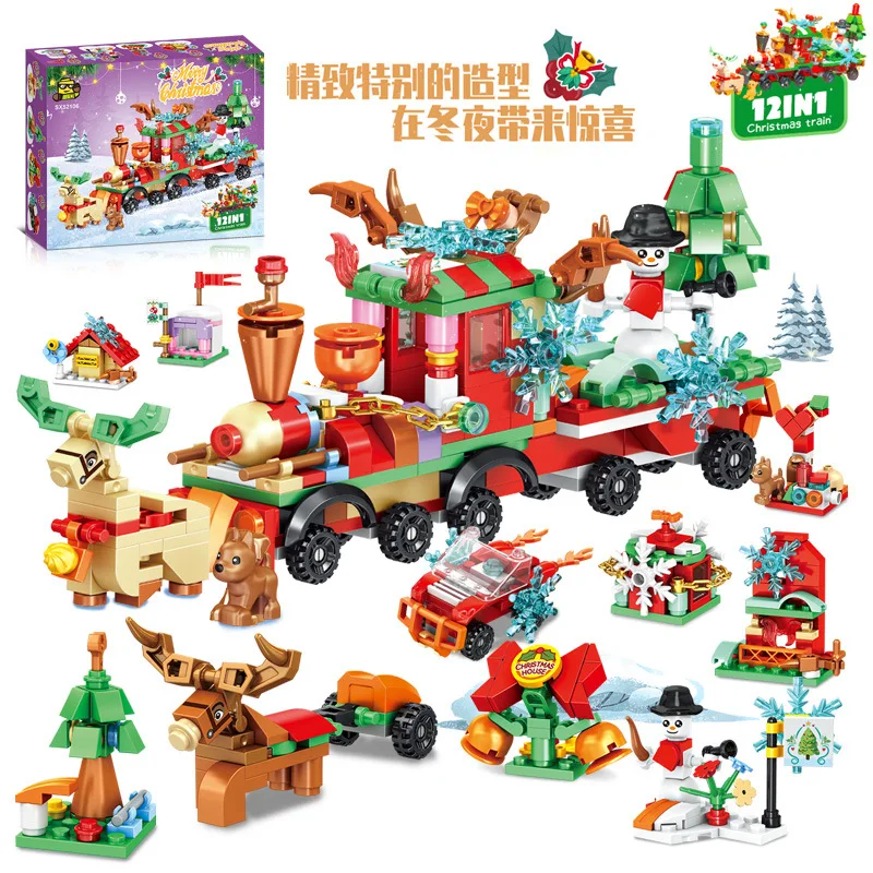 12in1 Kerst Aankomst Kalender Blind Box Boom Kerstman Bouwsteen Treintje Elanden Sneeuwpop Montage Bricks Model Speelgoed
