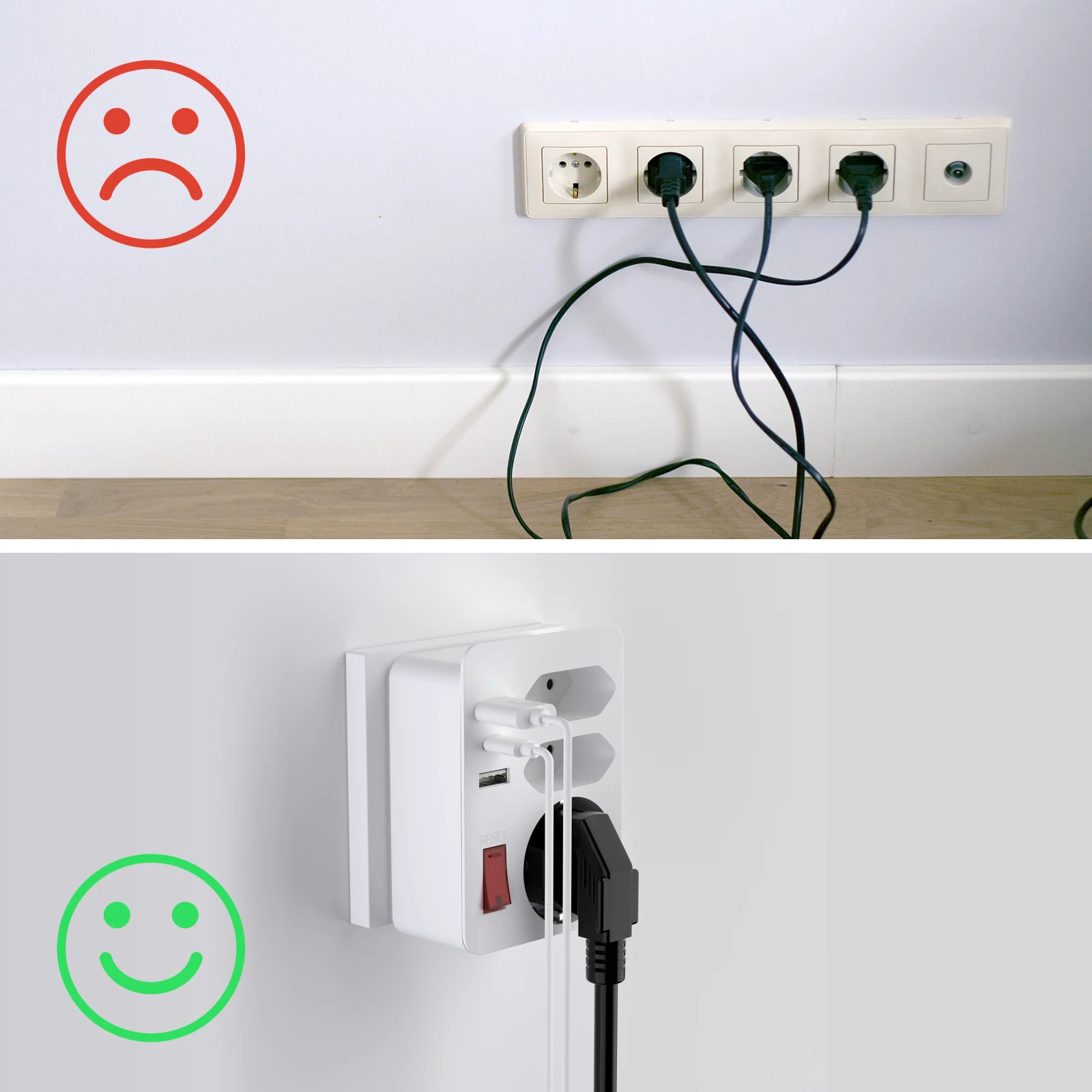 4000W EU Plug Wall Socket Extender with 3 AC Outlet 3 USB Fast Charger Schuko Sockets Adapter with Switch for Home Travel