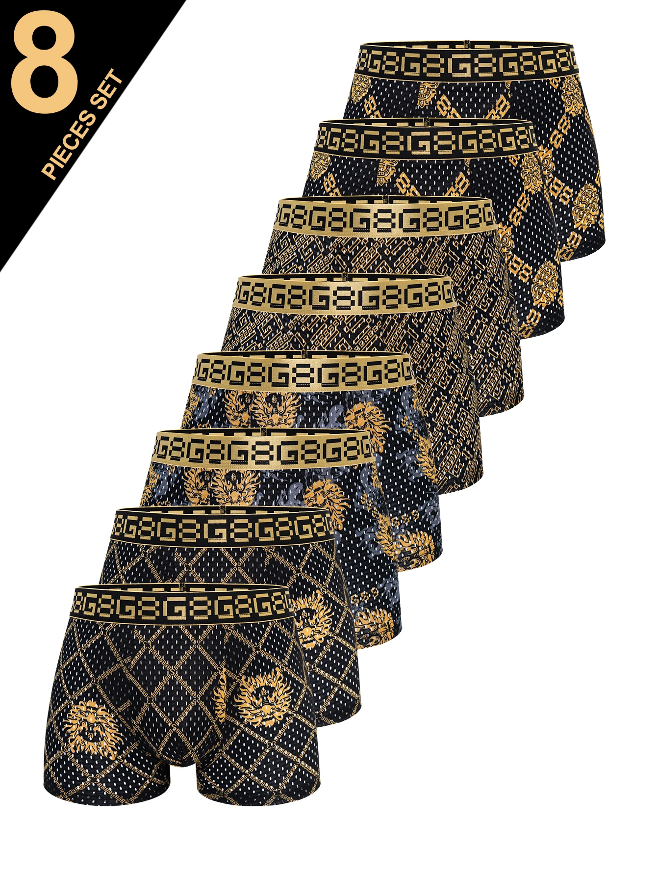 

8-pieces set of high luxury black gold breathable and comfortable ice silk mesh men's flat corner short underwear