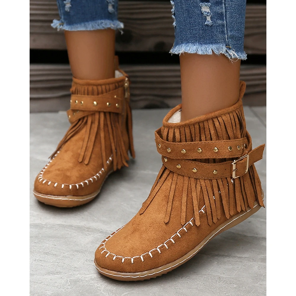 

Fashion Women Ethnic Style Buckle Studded Tassel Ankle Boots Round Toe Flats Boots