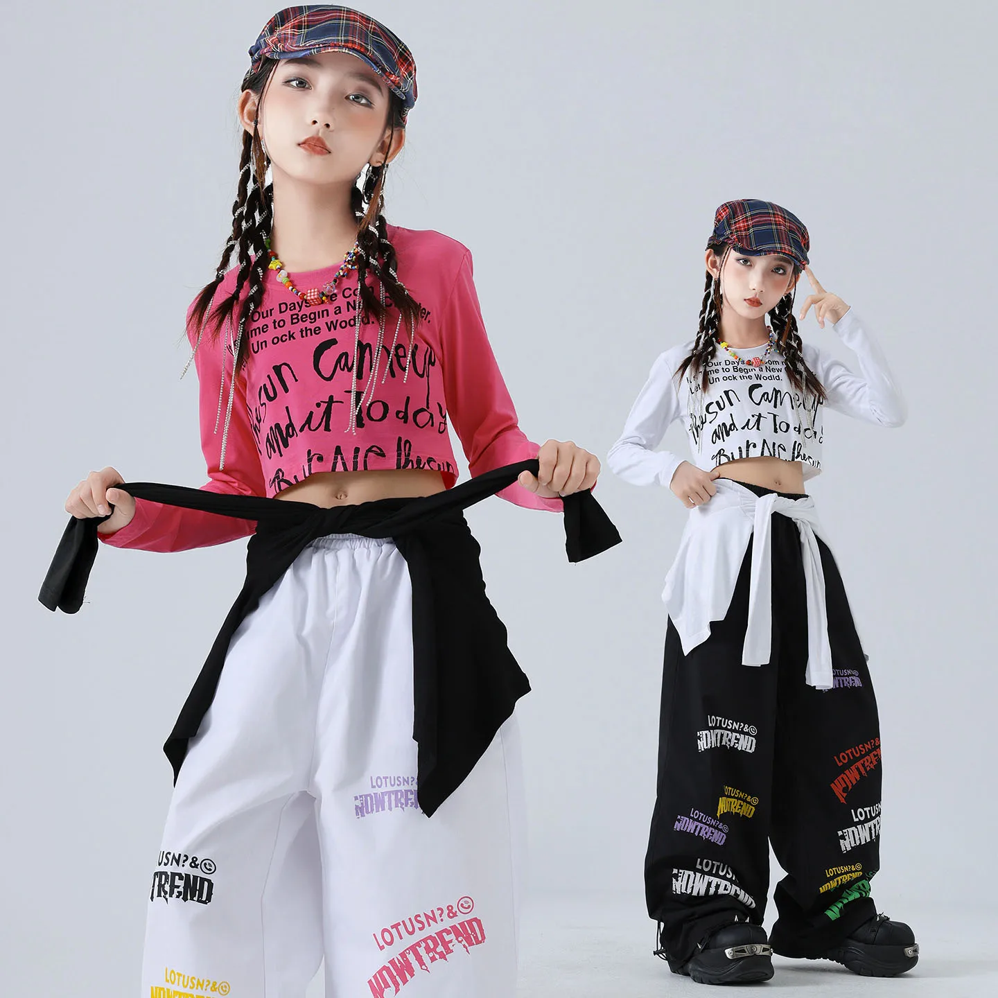 Kid Kpop Hip Hop Kleidung Rose Buchstaben Crop Langarm T-Shirt Weiß Lässige Hose mit verstellbarem Saum für Mädchen Street Dance Kostüme
