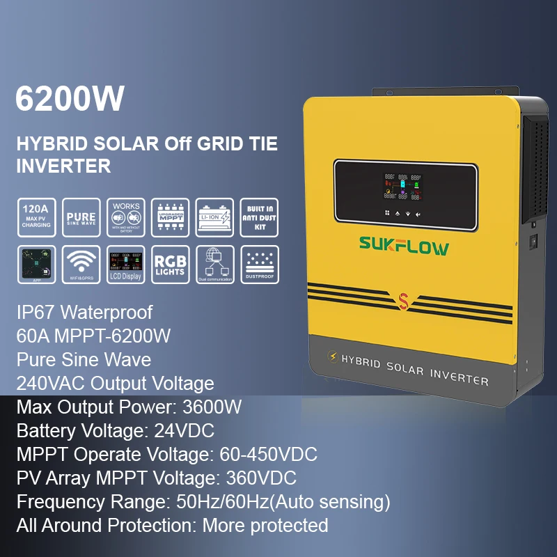 SUKFLOW Hybrid Solar Inverter 6200W 6500W Pure Sine Wave  PV Inverter On/Off Grid Built-in 120A MPPT Solar Charge Controller