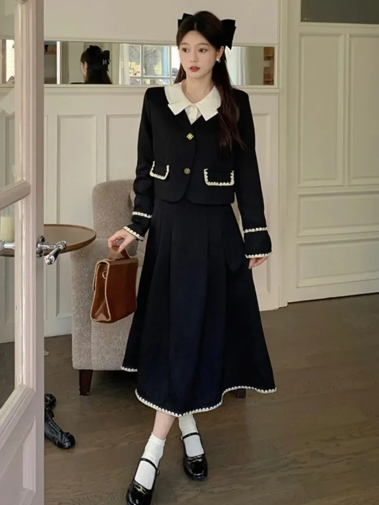 UNXX 2024 Spring Autumn New Women French Style Chic High-end Feeling Long Sleeves Blazer Jacket + Pleated Skirt Two Piece Set