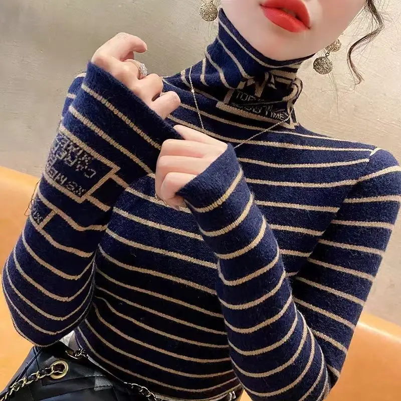 High Neck Sweater Women's Winter Korean Style Western-style Base Shirt Women's New High-end Color Blocked Knit Sweater Top