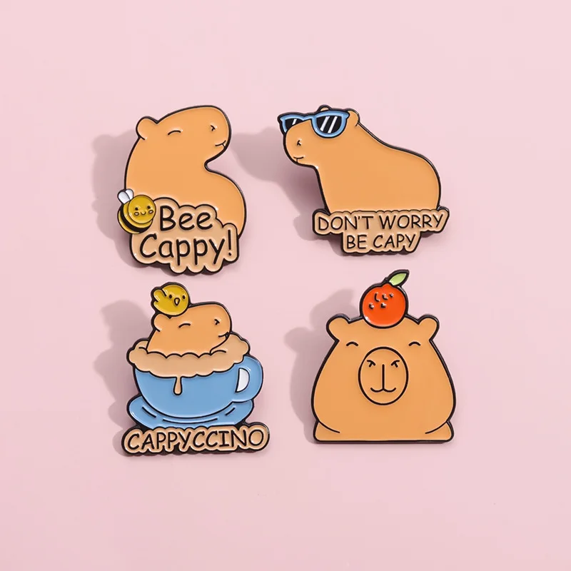 Cute Capybara Brooch Be Happy Bath Coffee Capybara Computer Pistol Bird Burger Donut Cake Capybara Metal Badge Punk Pins Jewelry