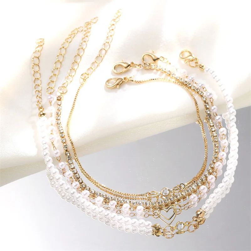 4Pcs Set of Ladies Simple Temperament Fashion Bracelet Set Knotted Imitation Pearl Zircon Love Gold-Color Bracelet Jewelry Gift