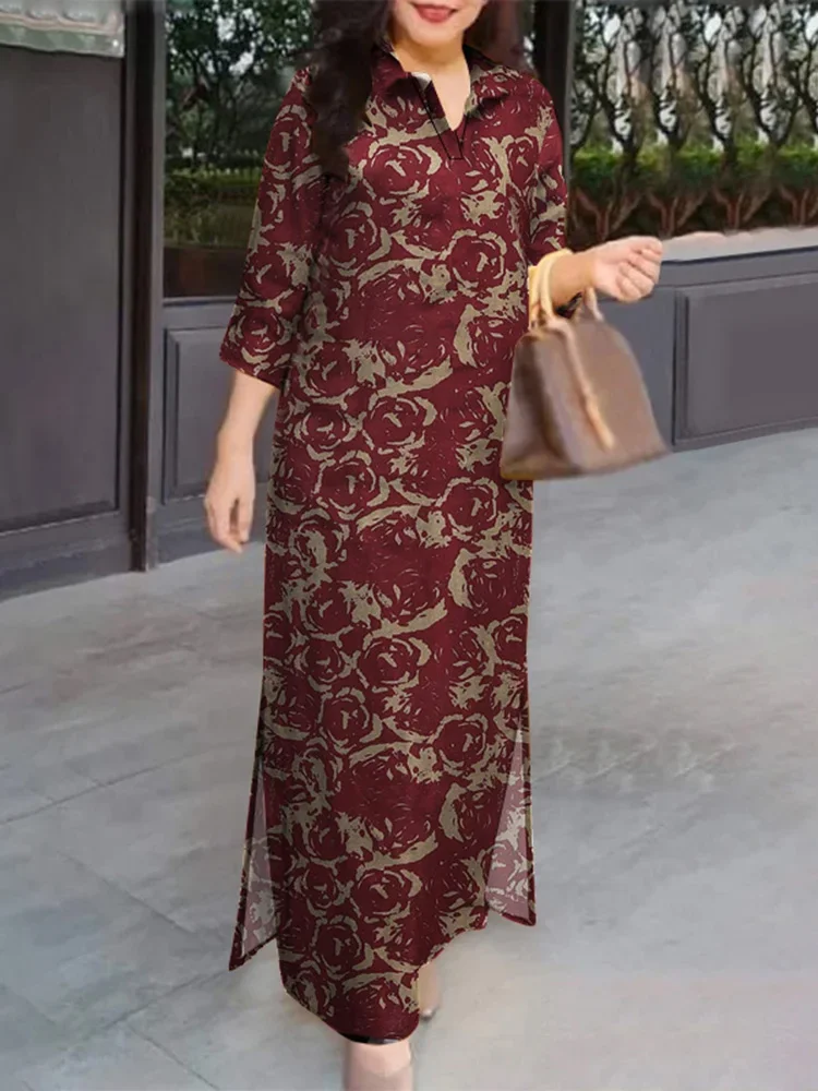 2025 Autunno Moda Abiti con stampa floreale ZANZEA Abito lungo da donna Vintage Manica 3/4 Lavoro Vestito estivo Robe Femme Abiti bohémien