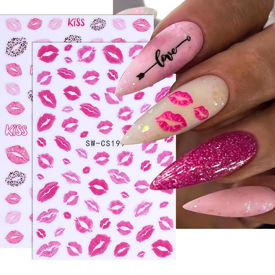 3D Leopard Pink Lips Nail Sticker Gradient Hollow Heartbeat Love Letter Rose DIY Valentines Slider Manicure Art Decoration Tips