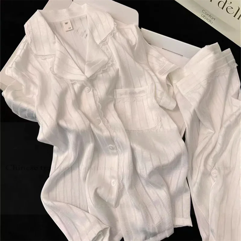 

Short Sleeve Shirt Pant Bride Sleepwear Nightwear Women Satin Loungewear White Lace Trim Pajamas Set Loose 2Pcs Trousers Suit