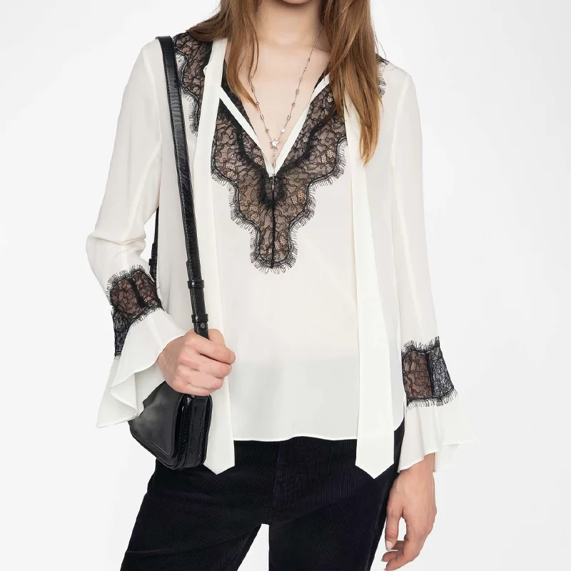 

White Bow Blouses Female Back Wing Embroidery Blouses 2025 Summer Tops Zadig Women Blouse Loose Black Lace Long Sleeve Pullover