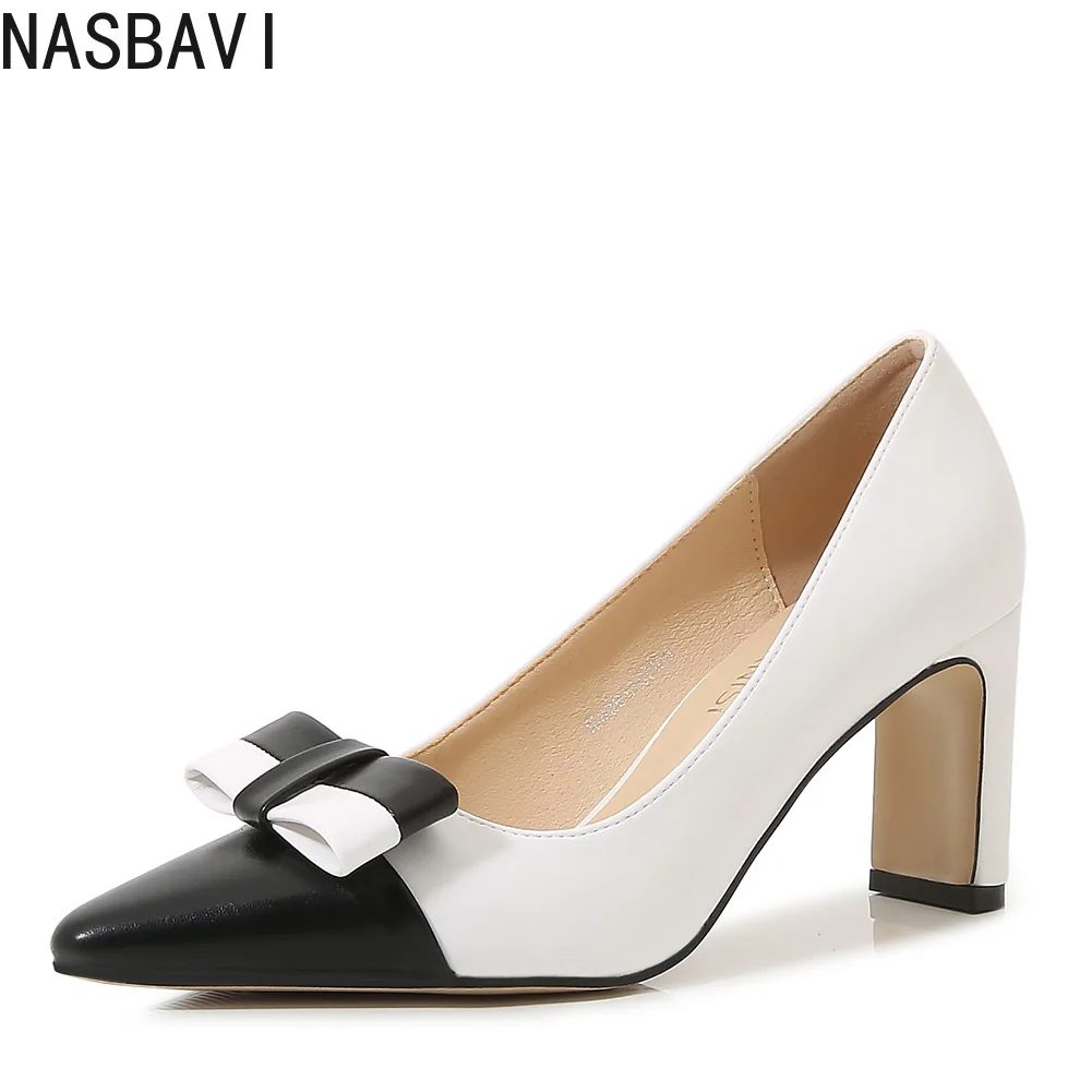 

NASBAVI модные современные женские туфли на высоком каблуке для вечеринок, черно-белые туфли с острым носком, брендовые женские туфли на каблуке 8 см, большие размеры 42