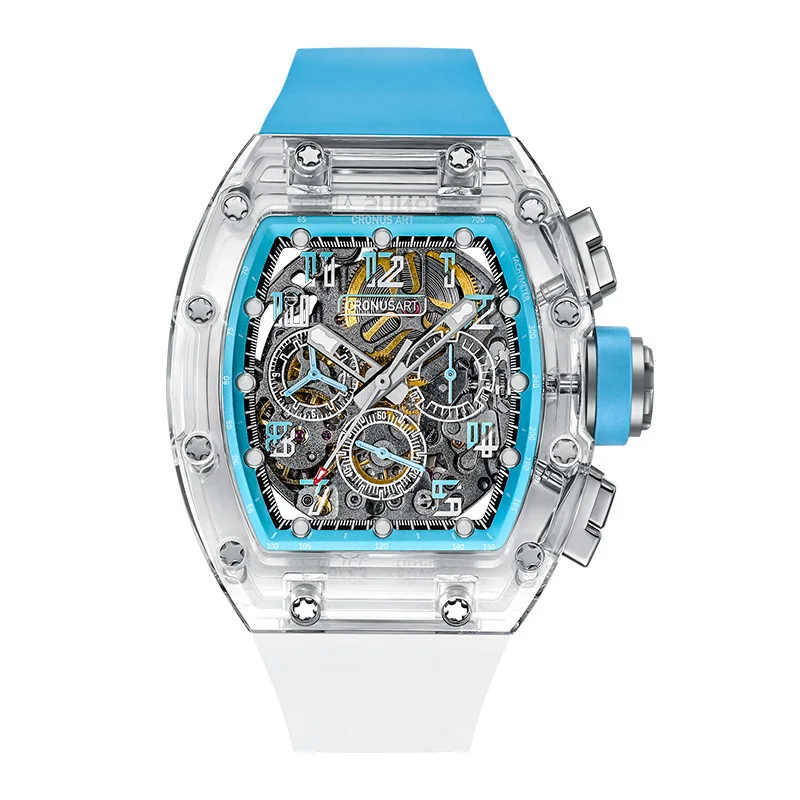 CRONUSART Мужские часы-хронограф 50 мм Механические наручные часы Tonneau Сапфировый корпус Светящийся ремешок из фторкаучука Большие тройные окна