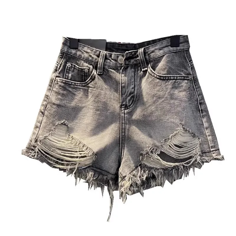 New Black Grey Perforated Ragged Shorts Jeans Women High Waist Y2k Hole Ripped Tassel Booty Shorts