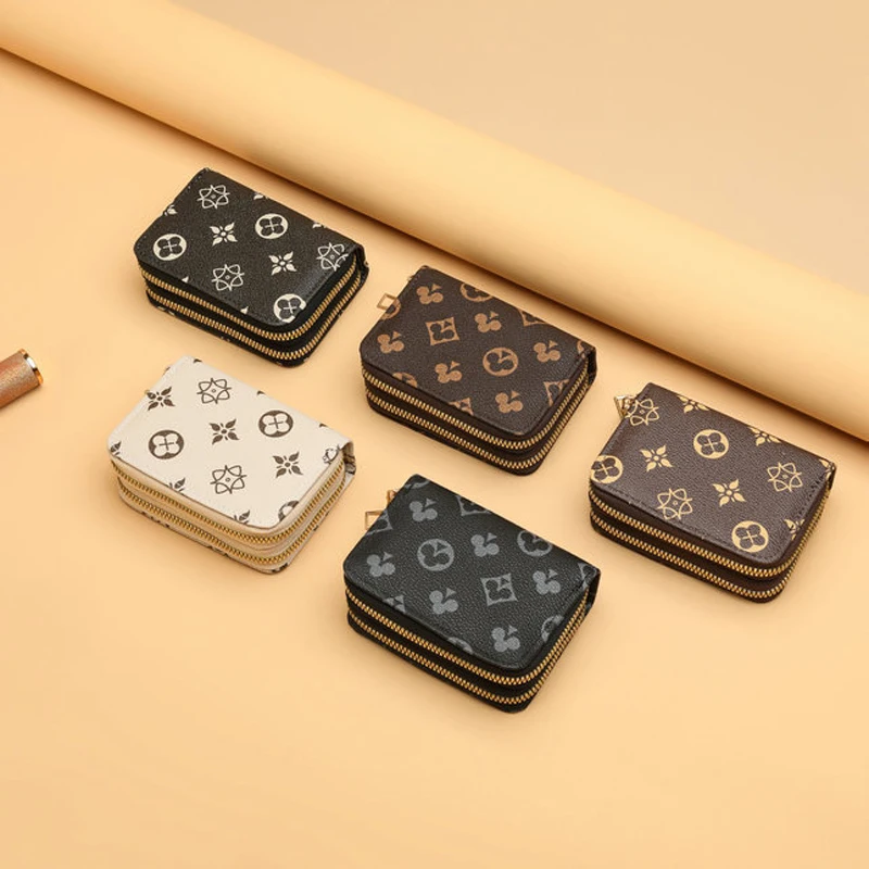 Double-Zip Large capacity Vintage Compact Card Holder with Multiple Card Slots Portable Fashion Card Pouch & Coin Purse