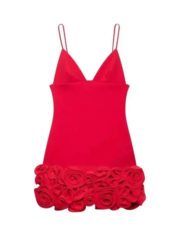 ชุดเดรสสตรีฤดูร้อนใหม่เดรสสั้นสีแดงสายเดี่ยวตกแต่งดอกไม้สามมิติออกแบบทันสมัยและเซ็กซี่ส่วนบุคคล 34O4