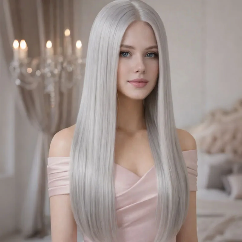 

Серебристо-серый 28-дюймовый женский синтетический парик, пушистый и универсальный женский повседневный парик для стиля, мягкие и длинные прямые волосы