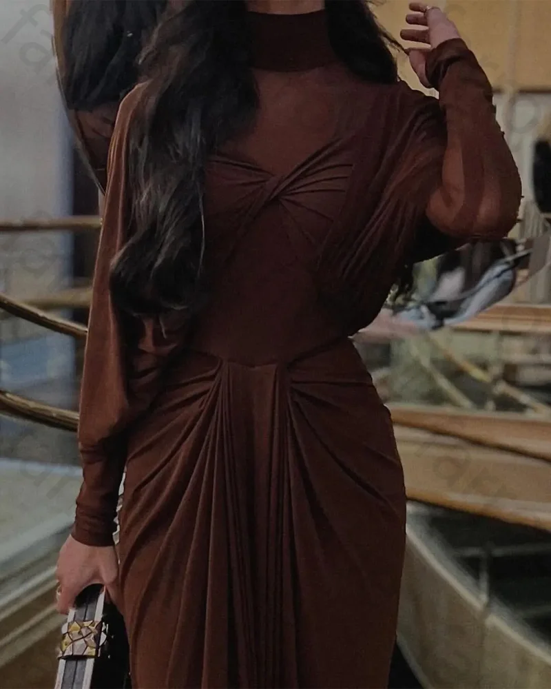 Customized Brown High Collar Mermaid Long Sleeves Evening Dresses Classic Elegant Off The Shoulder  Evening Dress Party Gowns