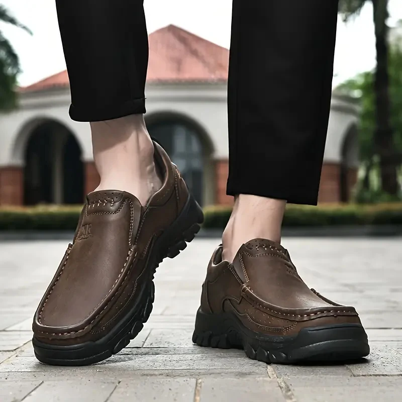 Thick Sole Men Loafers Handmade Outdoor Sneakers Men Leather Casual Shoes Slip On Spring And Fall Man Footwear Plus Size 39-48