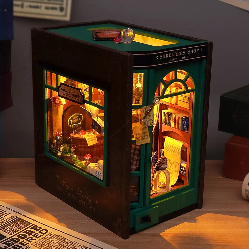 Diy livro nook kit estatuetas de madeira em miniatura casa boneca kit 3d puzzle montagem estante inserção decoração brinquedos para presentes natal