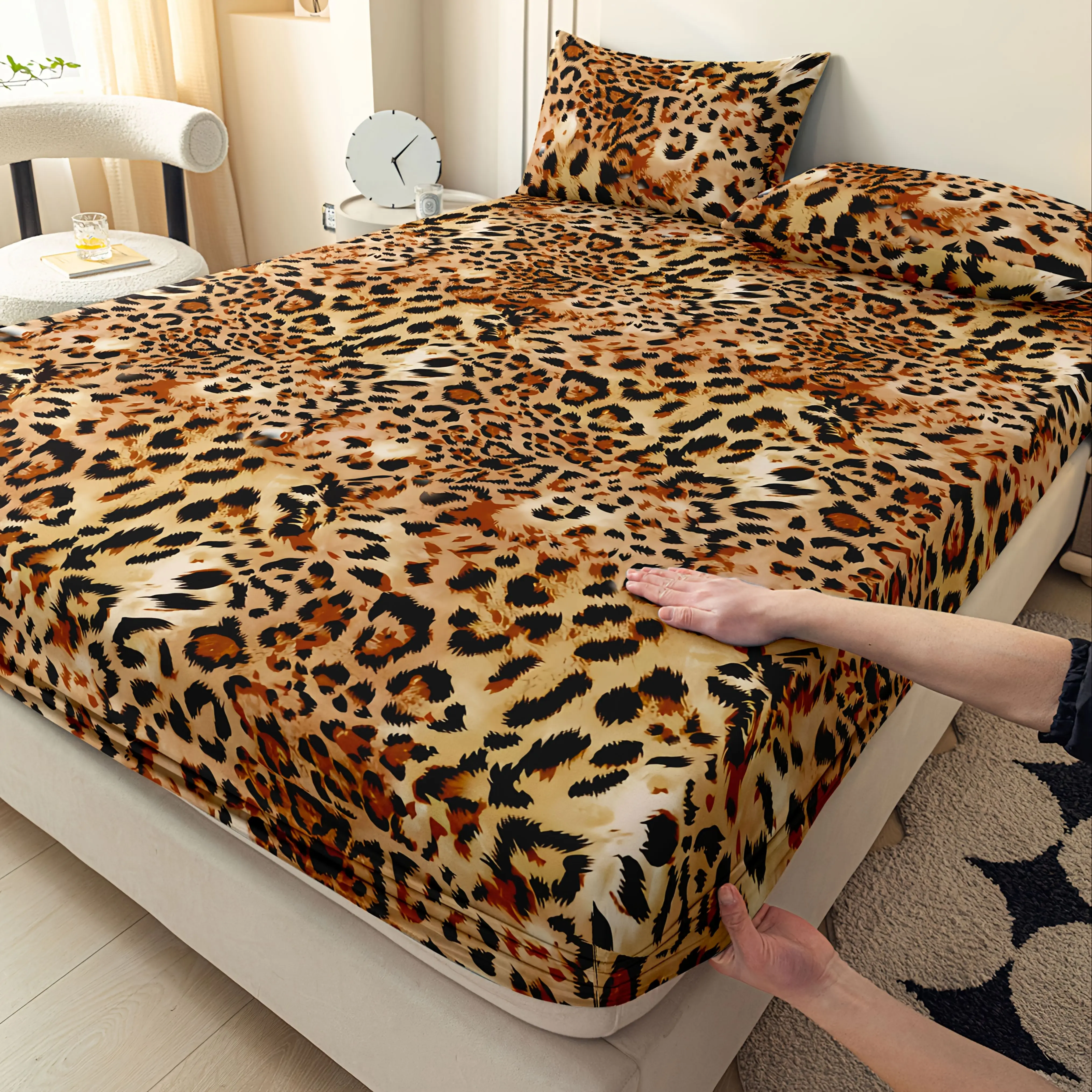 Leopard Print Fitted Sheet Set All-season Mattress Protector Soft Deep Pocket Breathable Bedding 1 Fitted Sheet + 2 Pillowcases