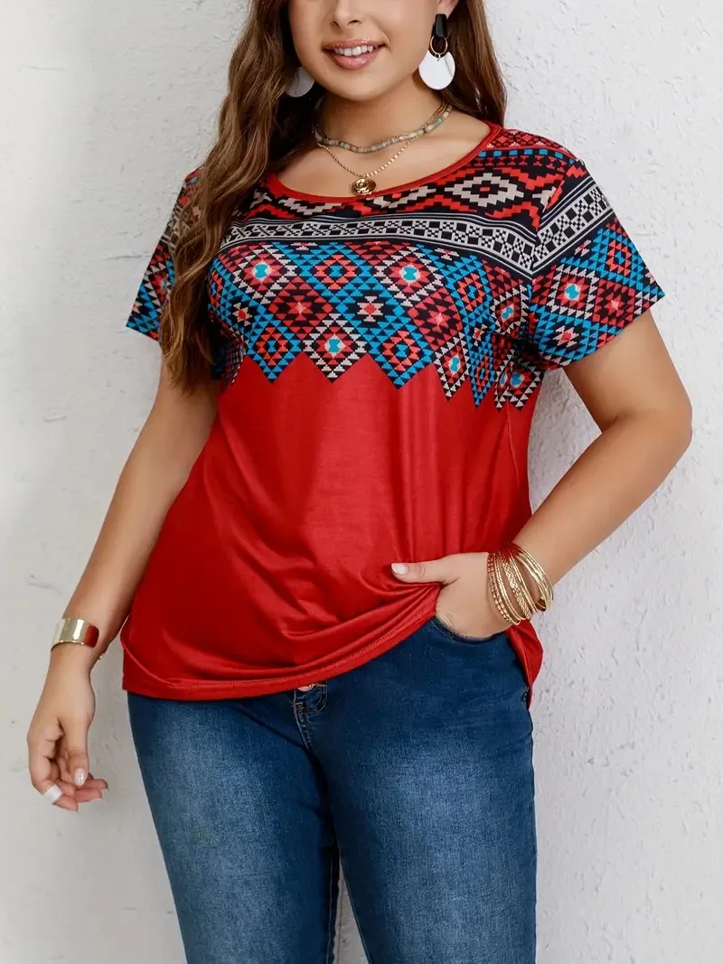 Women T Shirt Plus Size Tops Fashion clothes Women\'s Plus Southwestern Print Casual Tees Round Neck Short Sleeve T-shirt Tops