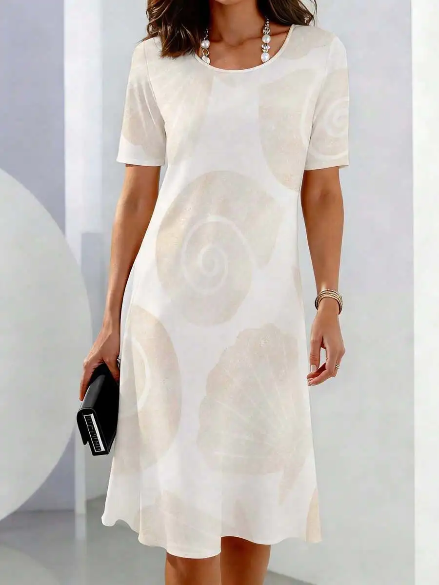 

Womens Casual Seashell Spiral Print Short Sleeve Crew Neck Dress