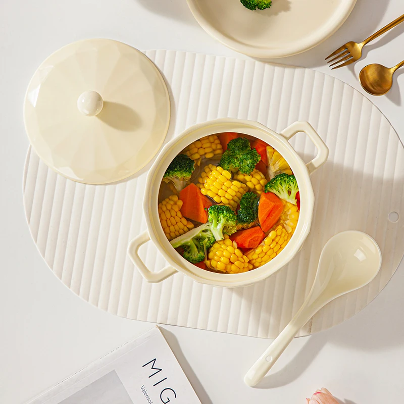 1500 مللي غطاء أطباق سيراميك المنزلية الجديدة كريم الرياح طباعة عالية الجمالية أدوات المائدة الطعام الطفل الكبار الصلبة مقبض وعاء الحساء