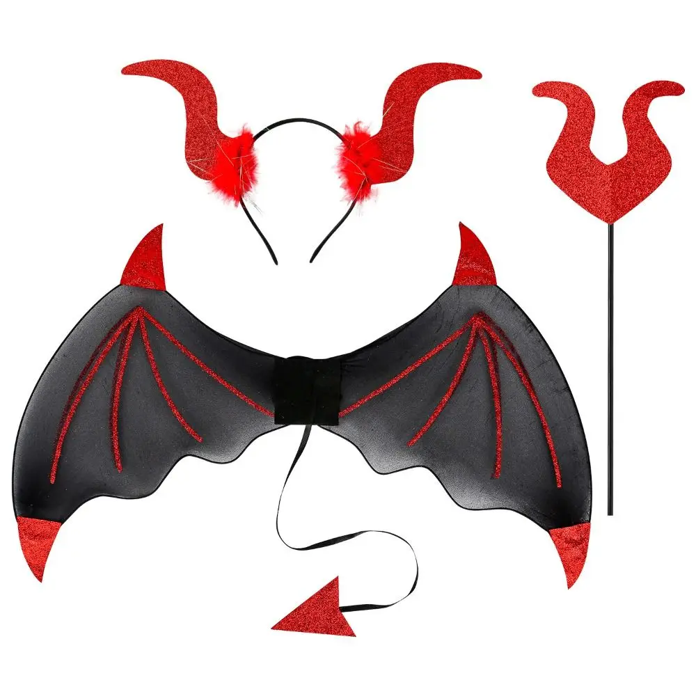 3Pcs/Set Funny Halloween Cosplay Props Bat Wings with Tail Demon Horn Hair Band Halloween Costume Accessories Party Wand