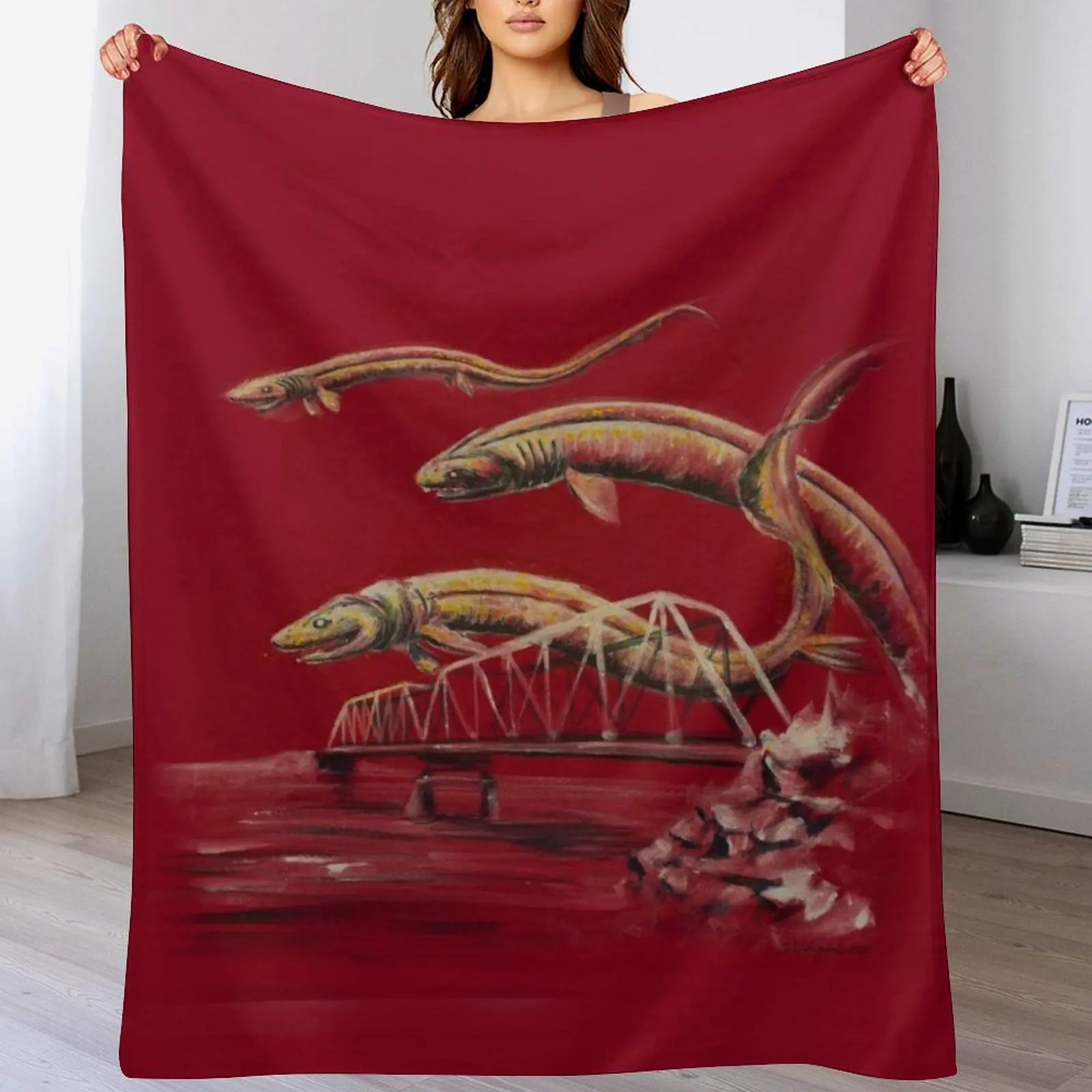 frilled sharks over the train bridge Throw Blanket