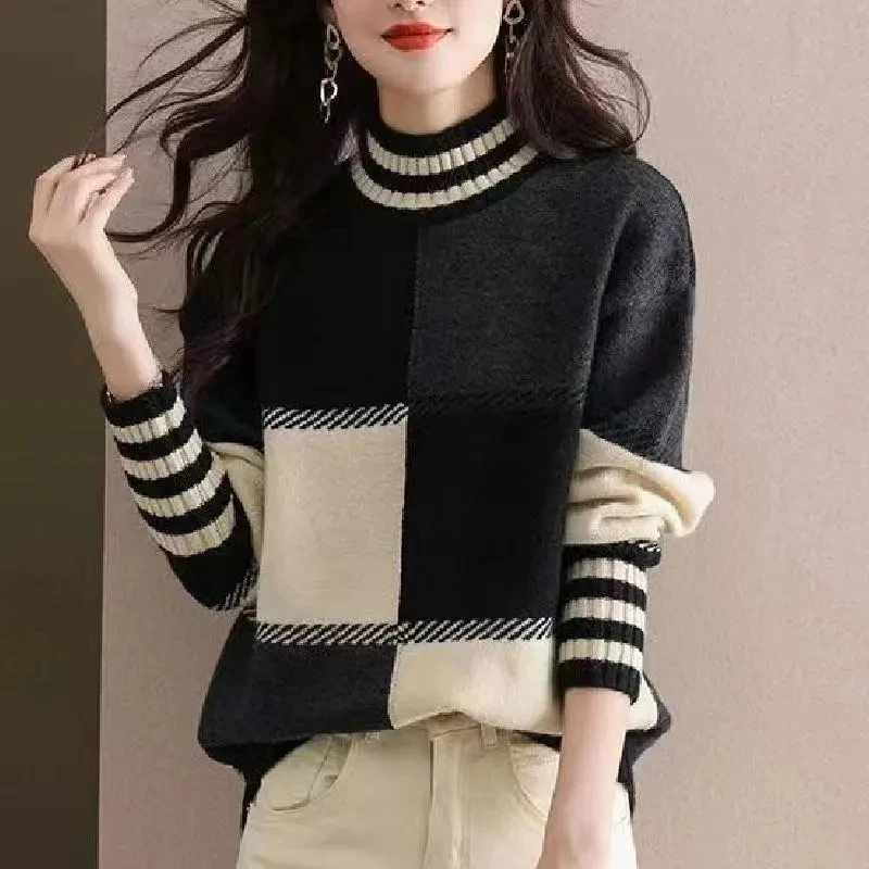 Women\'s Jumper Plaid Patchwork Turtleneck Sweater Autumn Winter Loose Casual Long Sleeve Thick Knitted Top Female Wool Knitwear