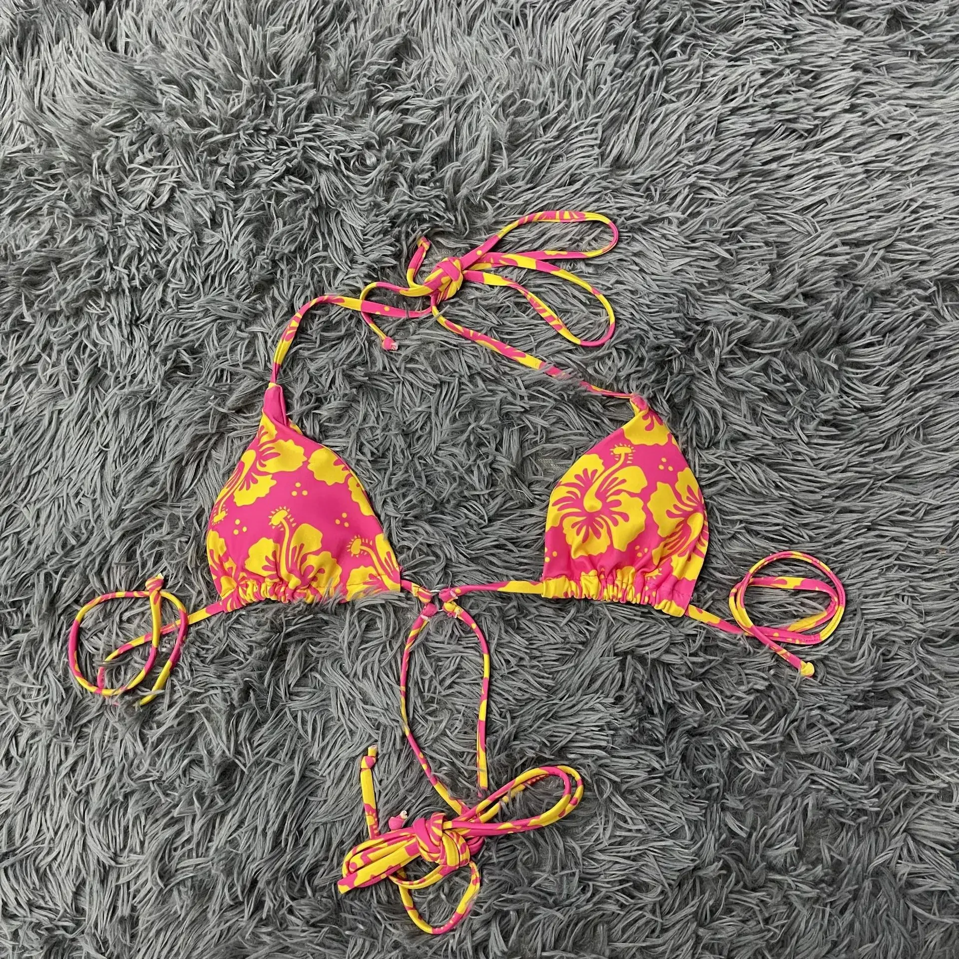 레트로 꽃 프린트 비키니 섹시한 여성 수영복 투피스 수영복 딥 V 3 포인트 탑 모여 Drawstring Bra Hot Girl Thong