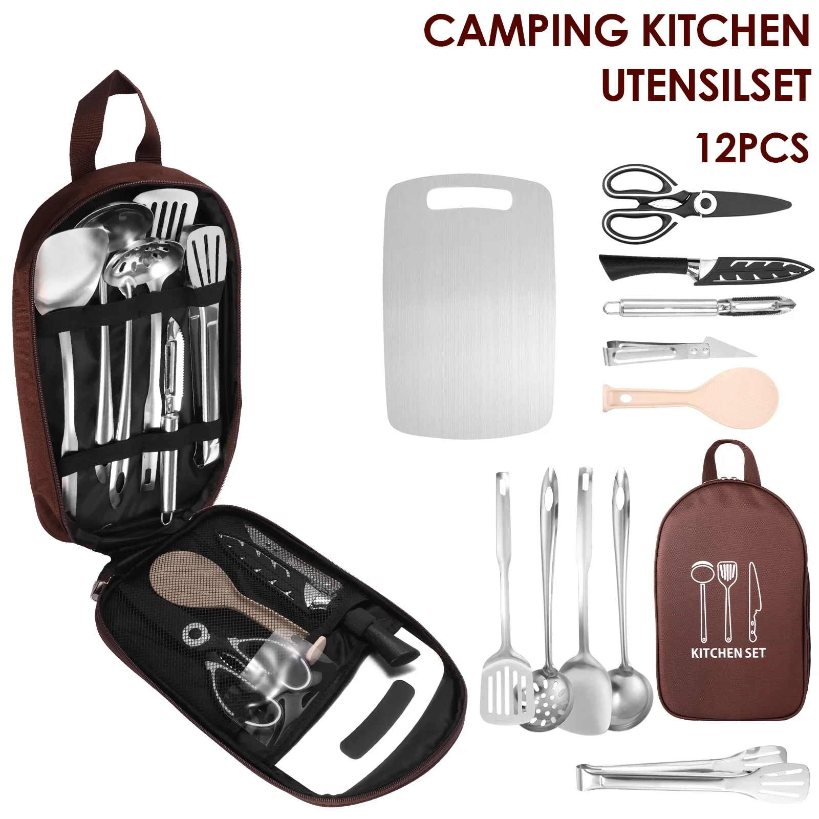 12Pcs Outdoor Camping Cutlery Kitchen Cookware Set With Outdoor Camp Cookware and Storage Bag for Backpacking BBQ Camping Picnic