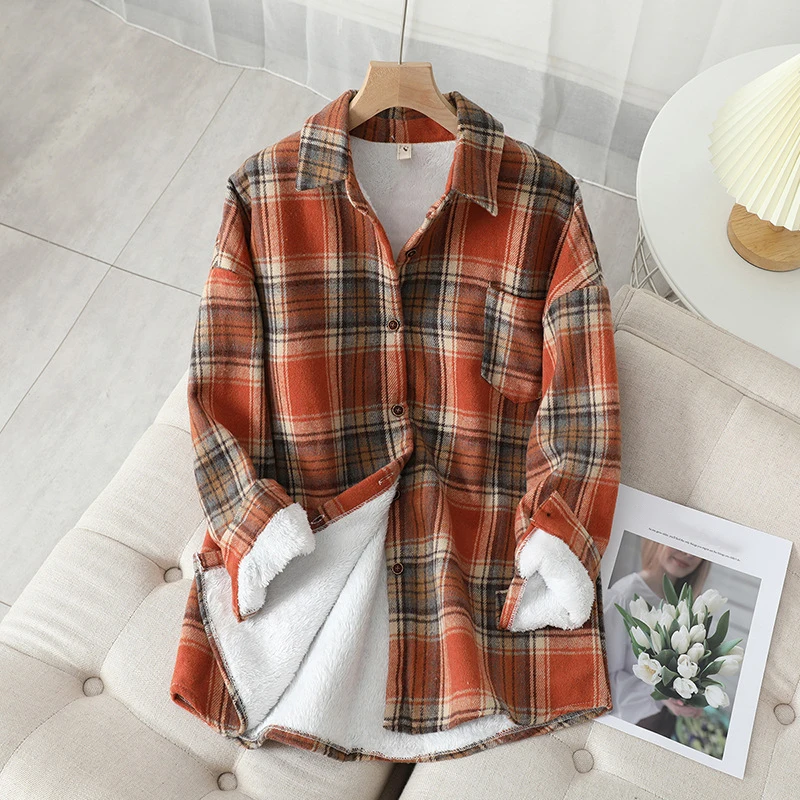 Frauen Winter Warm Blusen und Tops Dicke Samt Plaid Shirts Strickjacke Casual Woolen Hemd Jacke Weibliche Kleidung Mantel Outwear