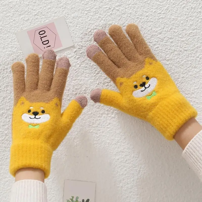 Women Winter Keep Warm Touch Screen Cartoon Shiba Inu Dog Embroidery Elasticity Soft Knitted Gloves Cute Lovely Sweety