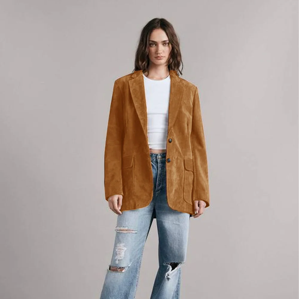 Veste en daim pour femme avec boutons à boutonnage simple, manteau élégant pour femme, vêtements pour dames, tendance, nouveau, extérieur, 2024