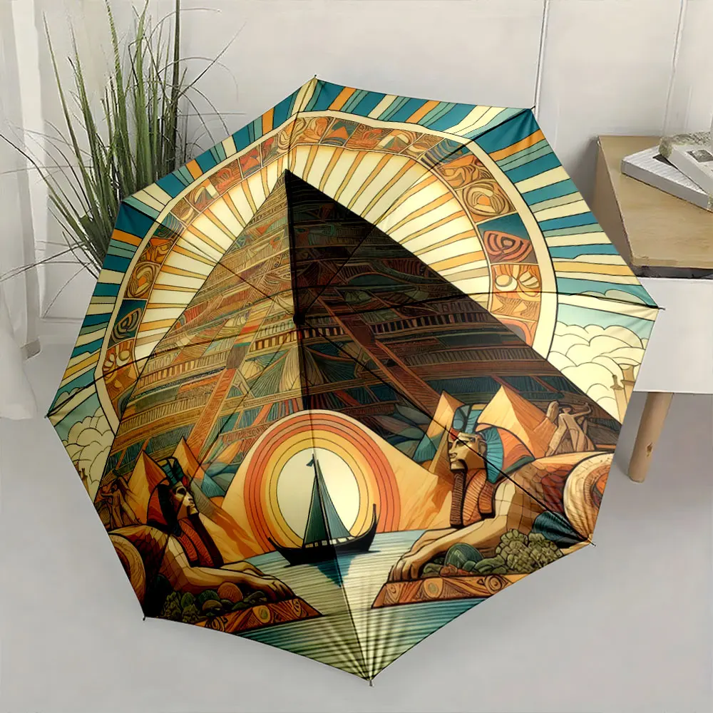1PC Egyptian Pyramid Design Umbrella with Vibrant Colors Print 8 Iron Ribs Folding Umbrella Auto-Open Fashion Sunshade