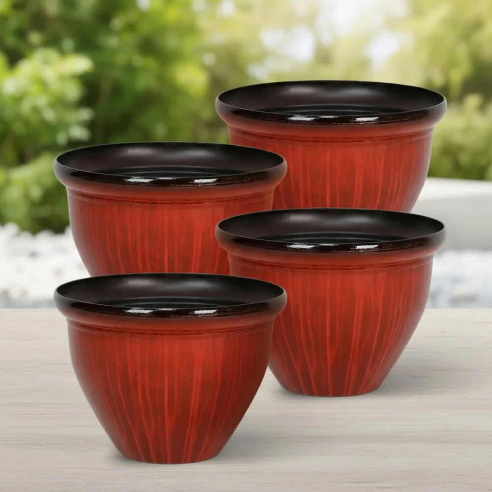

12-Inch Round Red Plastic Plant Pot with Drain Holes, 4-Pack Lightweight Indoor Outdoor Flower Planter for Gardeners
