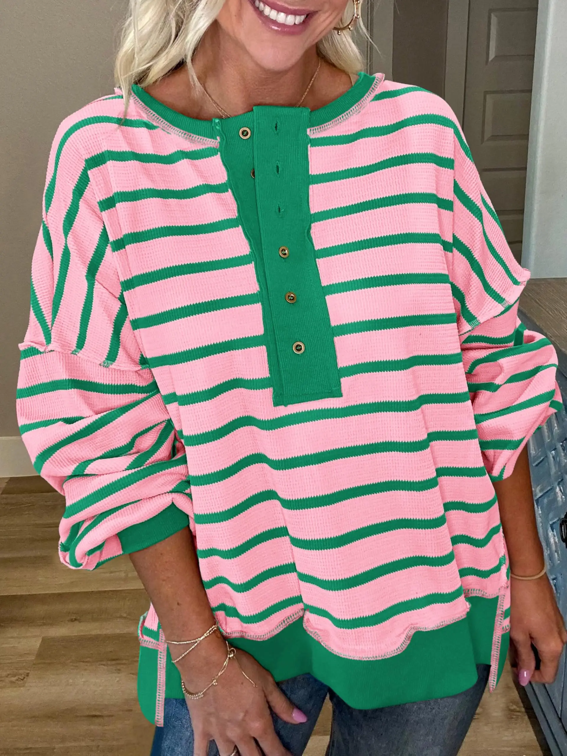 Fall Trendy Women’s Striped Colour Block Waffle Sweatshirts Henley Button Up Contrast Oversized Pullover Casual Y2K Streetwear