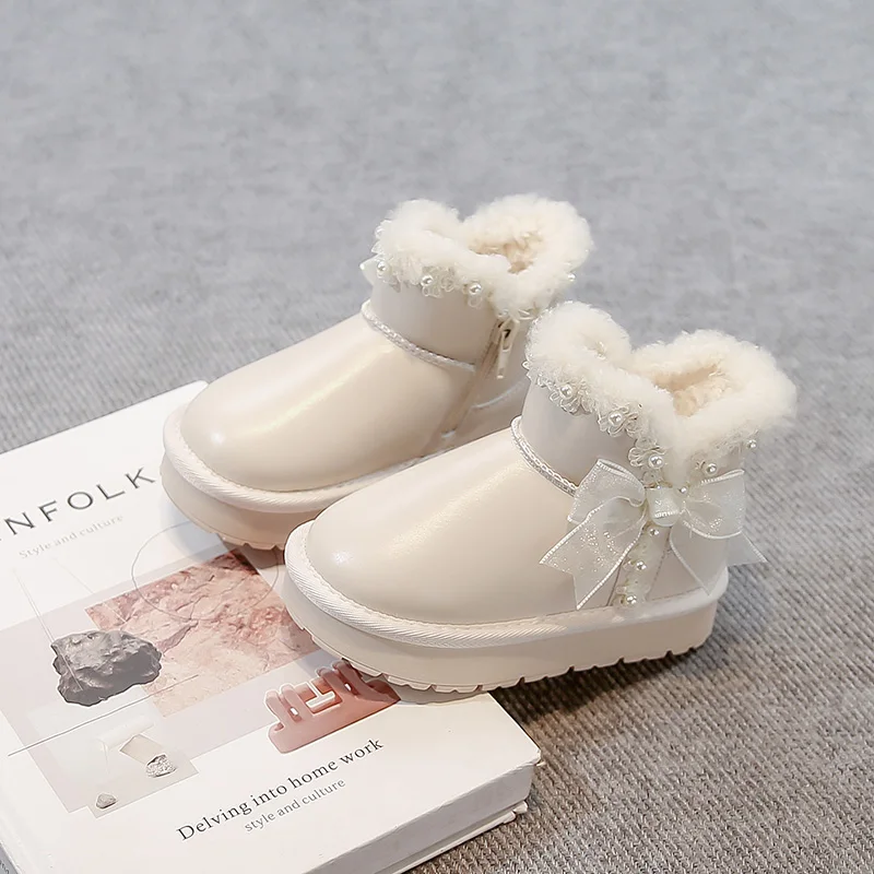 Girls Princess Boot Kids Ankle Boots Lace with Bow-knot Sweet Winter Warm Cotton Children Boots Fur Lining Snow Boot Shoes New