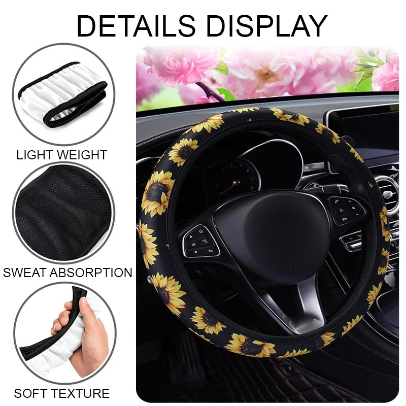 1PC Elastic Sunflower Cherry Blossom Printed Rimless Steering Wheel Cover Universal Anti-slip Car Interior Decoration For Women