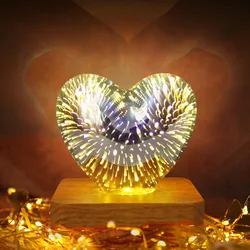 Luz LED de noche de fuegos artificiales 3D, lámpara de escritorio de ambiente romántico de Navidad, USB, luces de ambiente en forma de corazón de ensueño